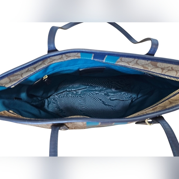 Coach Signature Varsity Stripe City Zip Leather PVC In Khaki/watermelon/navy. - Picture 10 of 14